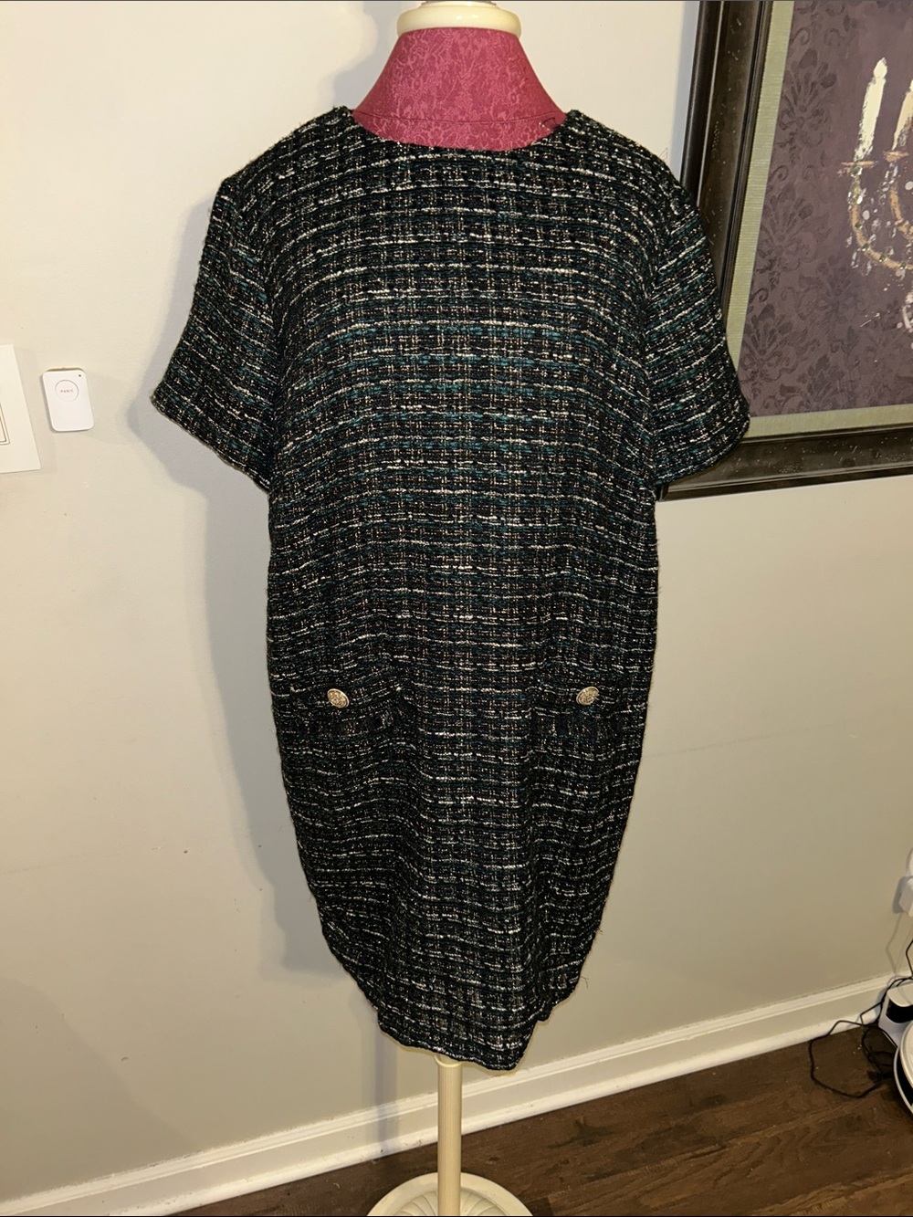 LOFT Black Tweed Midi Shift Dress with Subtle Teal Accents